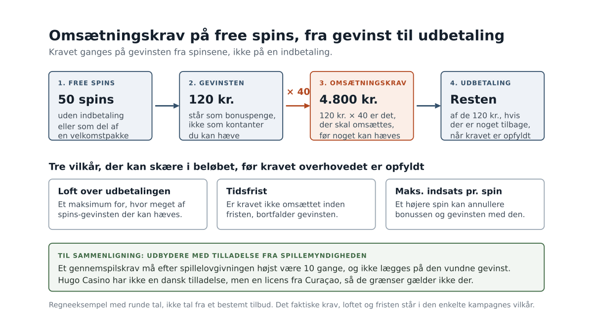 Fire trin fra free spins til udbetaling, hvor gevinsten fra spinsene ganges med et omsætningskrav, med tre vilkår der kan skære i beløbet og en sammenligning med grænserne for udbydere med tilladelse fra Spillemyndigheden